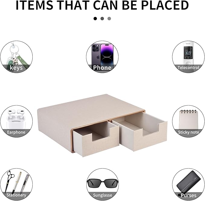 Linen Leather Desk Organizer with Drawers-Mini Desktop Drawer Organizer Stackable-Multifunctional Tabletop Organization Storage Box for Office Supplies Home Vanity Toiletries (Beige, 2-drawers)