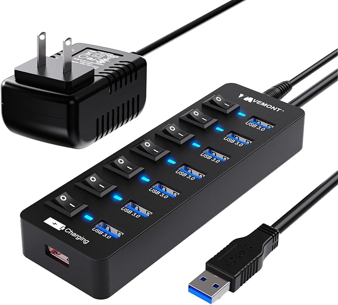 Powered USB Hub 3.0,VEMONT 7 Ports Multi USB hubs and 1 USB Smart Charging Port with 5V/3A Power Supply,USB Extension Splitter with Individual On/Off Switches and 4ft/1.2m Long Cable for PC/Laptop