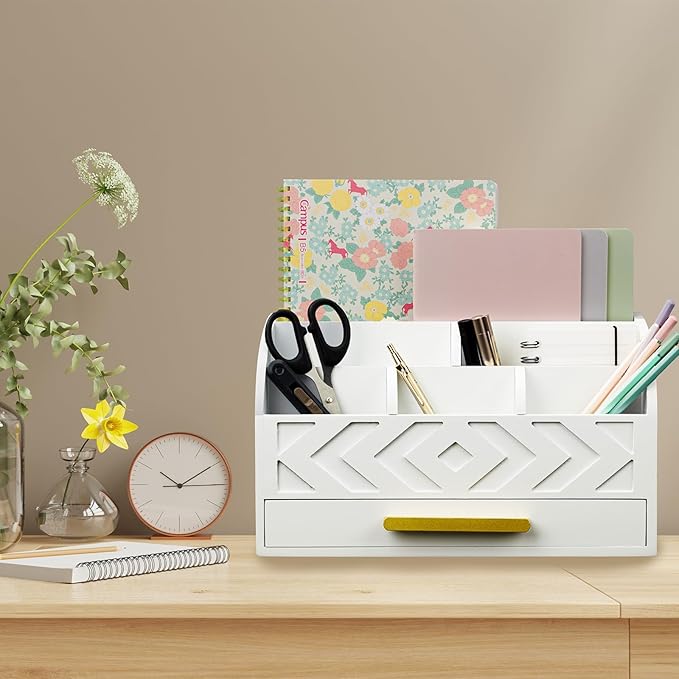 Wooden Desk Organizer Mail Organizer Countertop, Desktop Organizer Mail Sorter Mail Holder Bill Organizer for Desk, Desk Organizers and Accessories for Women (White)