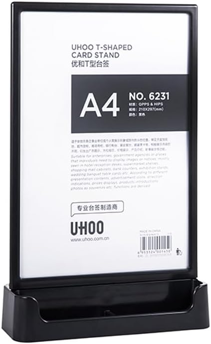 ABS Plastic Sign Holder, Menu Displays T Shape Sign Stand with Business Card Holder, Plastic Display Stand for Ads, Menu, Photos, Business Card (Black A4 210×297mm/8.27×11.69 inches)
