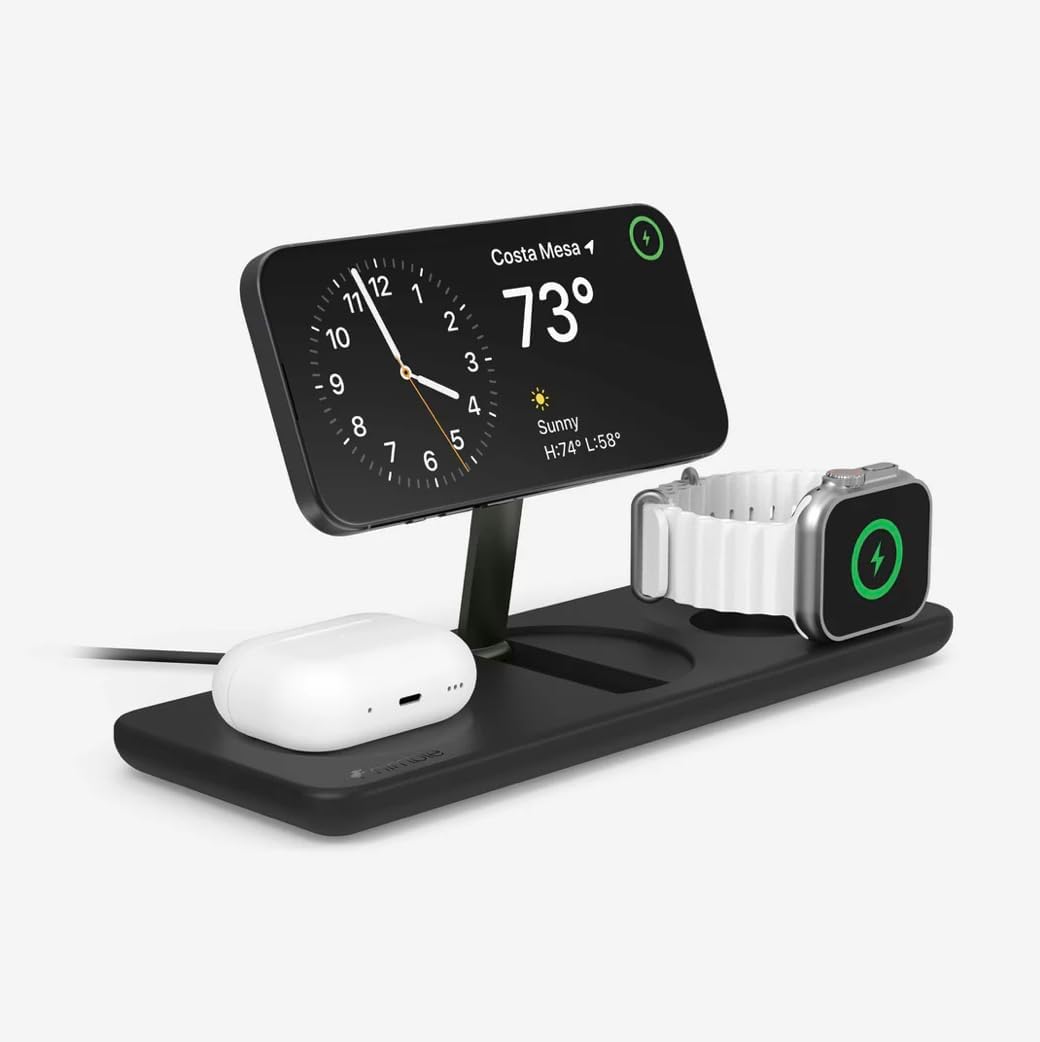 Nimble Podium 3-in-1 Wireless Charging Station for Apple, Qi2-Certified 15W Magsafe Charger Stand, Wireless Charger for iPhone 17 16 15 14 13 - Apple Watch - Airpods Series (Charger & USB-C Included)