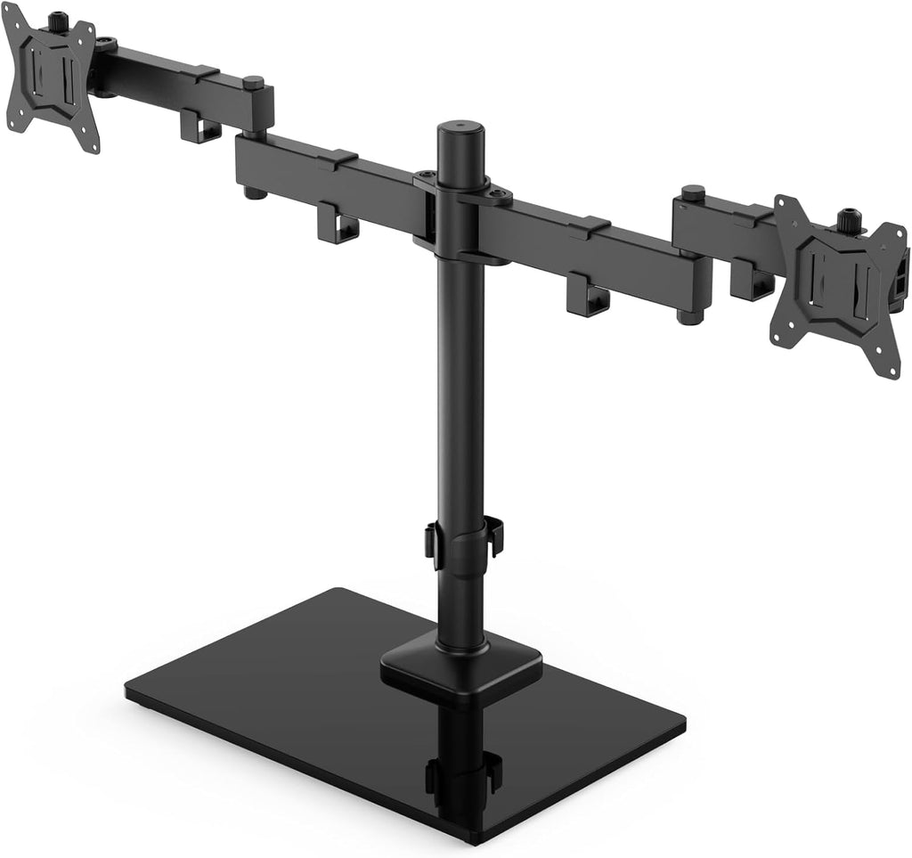 HUANUO Freestanding Dual Monitor Stand, 32 Inch Dual Monitor Mount for 2 Screens, Holds up to 19.8 lbs per Arm, Monitor Arm Riser with Tempered-Glass Base, Tilt, Swivel, Rotation, Black