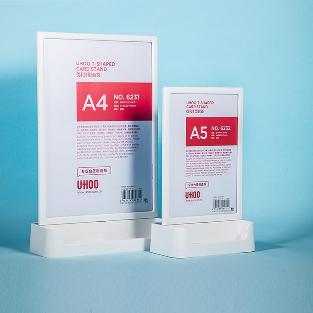 ABS Plastic Sign Holder, Menu Displays T Shape Sign Stand with Business Card Holder, Plastic Display Stand for Ads, Menu, Photos, Business Card (White A5 148×210mm//5.83×8.27 inches)