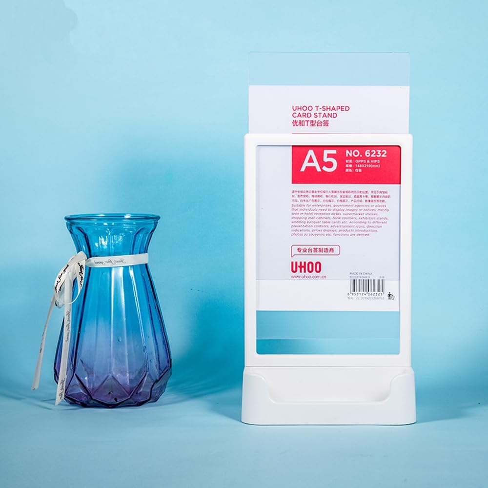 ABS Plastic Sign Holder, Menu Displays T Shape Sign Stand with Business Card Holder, Plastic Display Stand for Ads, Menu, Photos, Business Card (White A4 210×297mm/8.27×11.69 inches)