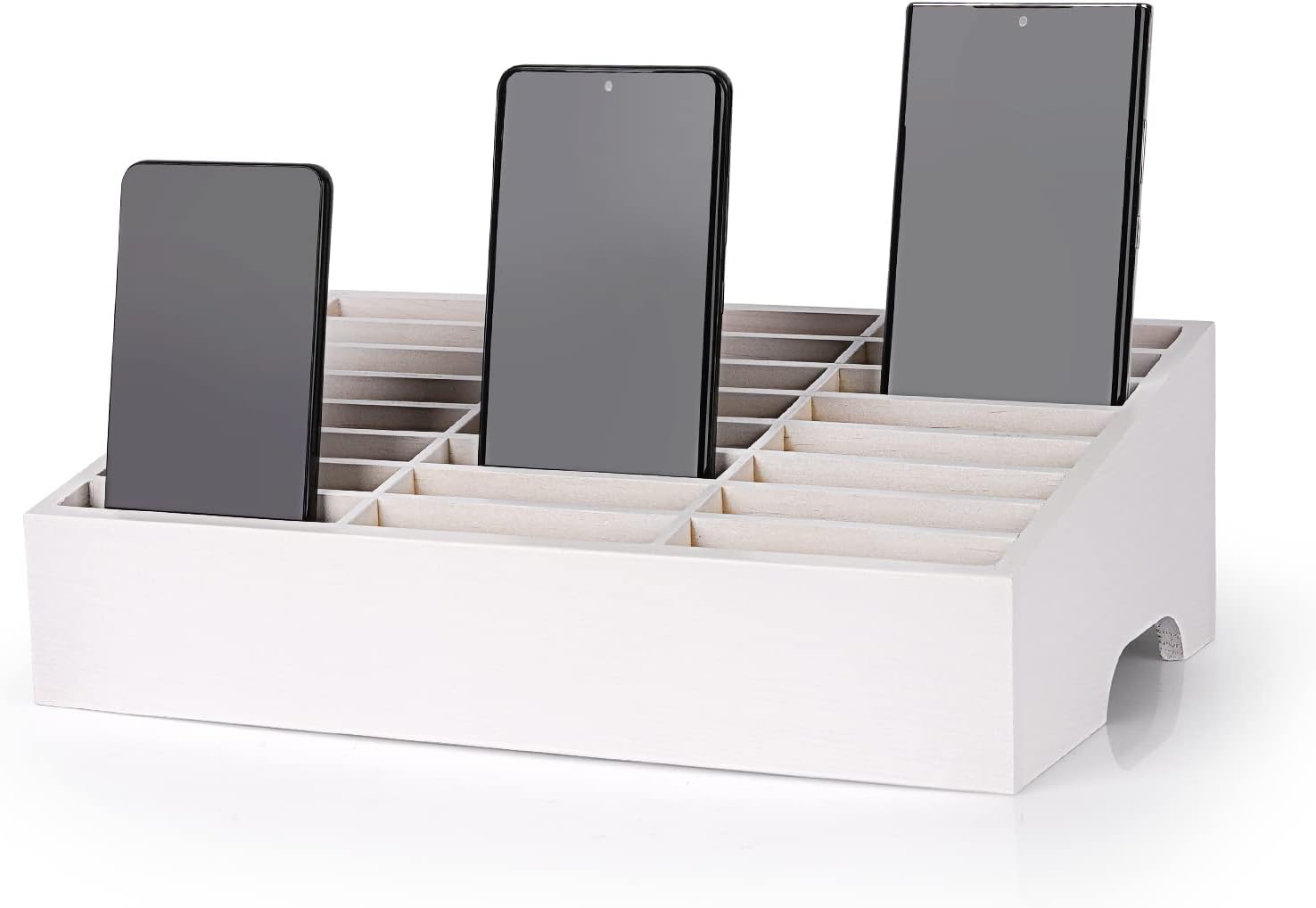 24-Grid Wooden Cell Phone Holder Desktop Organizer Storage Box for Classroom Office (White 24-Grid)