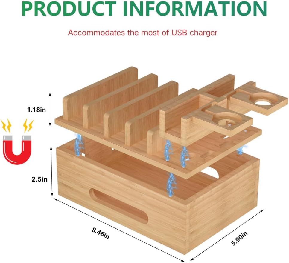 Bamboo Charging Stations for Multi Devices with 5 Port USB Charger, 6 Cables, Desktop Wood Docking Station Charger Organizer for Cell Phones, Tablets,Earphone, Watches
