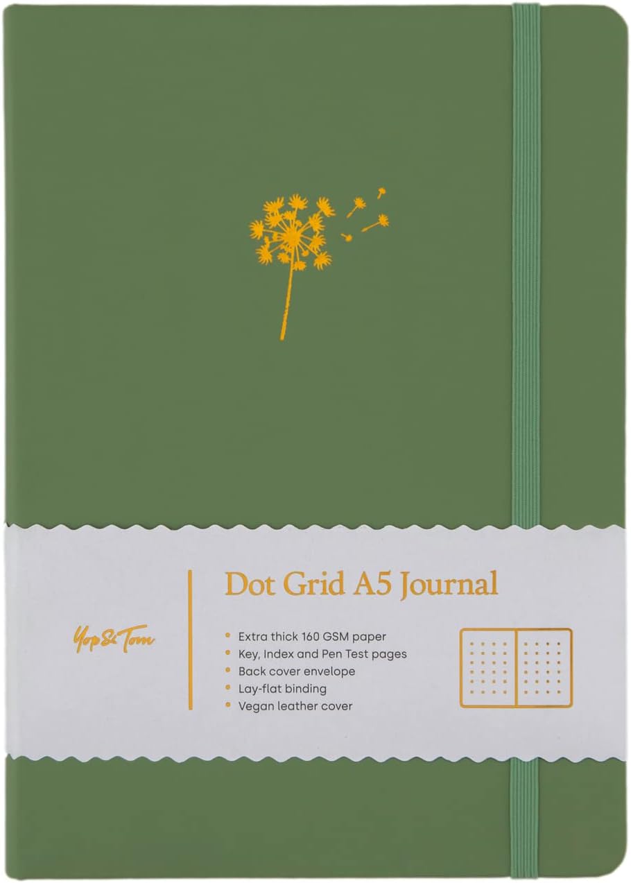 Yop & Tom Bullet Dotted Journal (A5) - Dandelion - Dot Grid Notebook With Extra Thick Paper (160 GSM) - Sage Green