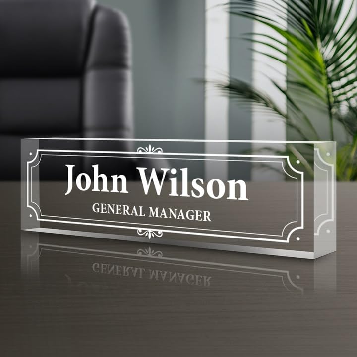 Personalized Name Plate for Desk - Custom Engraved Name Plates for Man - Boss Day Gifts for Boss - Acrylic Office Decor Appreciation Gifts for Teacher Nurse Coworker Social Worker (White Frame)