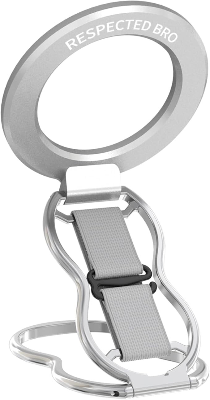 RESPECTED-BRO-Magnetic-Phone-Grip-Stand-with-Finger-Strap, 4-in-1 Magnetic Ring Holder, Kickstand and Elastic Strap for Smartphones, Universal Fit for iPhone, Android, and Cases (Silver)