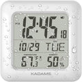 KADAMS Bathroom Clock 9.5" Kitchen Wall Clock with Large LCD Screen – Shower Clock with Suction Cup,Temperature, Humidity, Calendar – Water-Resistant, 4 Mounting Options, White