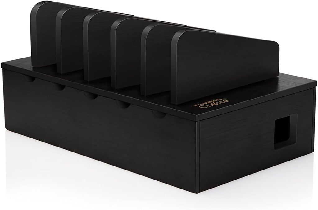 Prosumer's Choice Charging Station for Multiple Devices - 5 Device Charger Organizer for Smartphones and Tablets - Wooden Rack with Removable Dividers - Charging Dock for Work from Home - Black