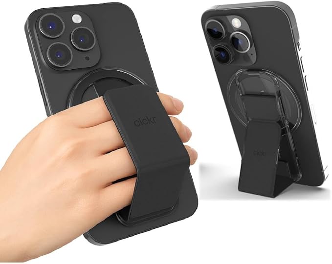 CLCKR for MagSafe Phone Grip for MagSafe Kickstand Compatible with Mag Safe Finger Loop, 3-in1 Phone Ring Holder Strap for Mag Safe iPhone 16/15/14/13/12 Series, Galaxy S25/S24/S23/S22, Pixel - Black