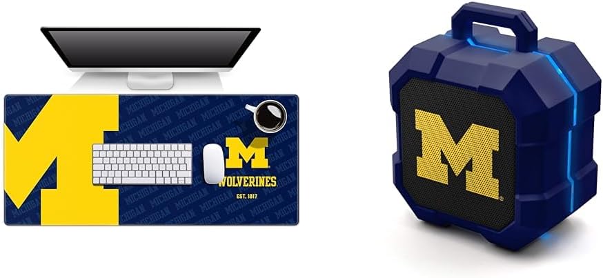 YouTheFan NCAA Michigan Wolverines Logo Series Desk Pad & SOAR NCAA Shockbox LED Wireless Bluetooth Speaker, Michigan Wolverines