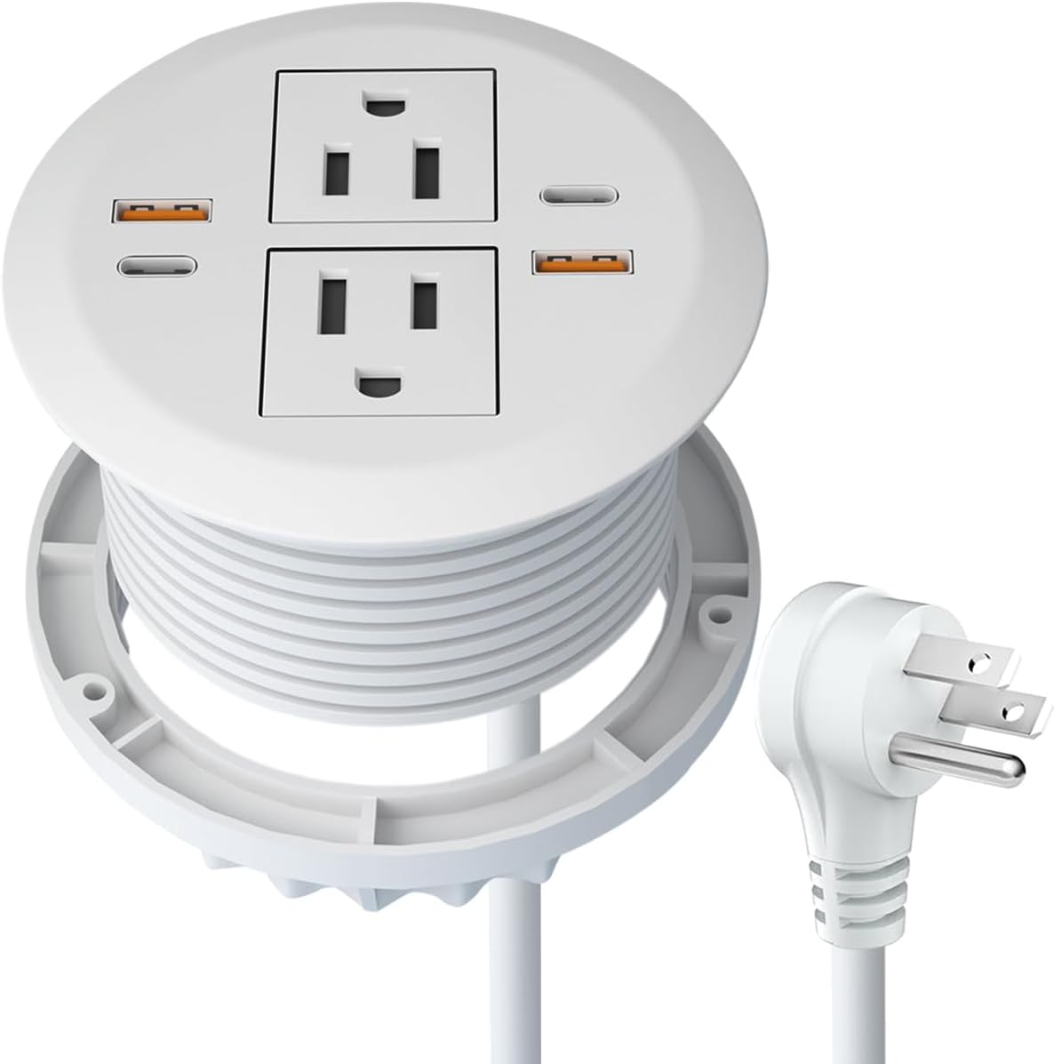 Desktop Power Grommet,Dual PD20W USB C,40W Total Output,4 USB Ports,Flush Mounted for 3-1/8" Desk Grommet Holes,Round Recessed Outlet,ETL-Certified,Flat Plug,6.4 ft,White