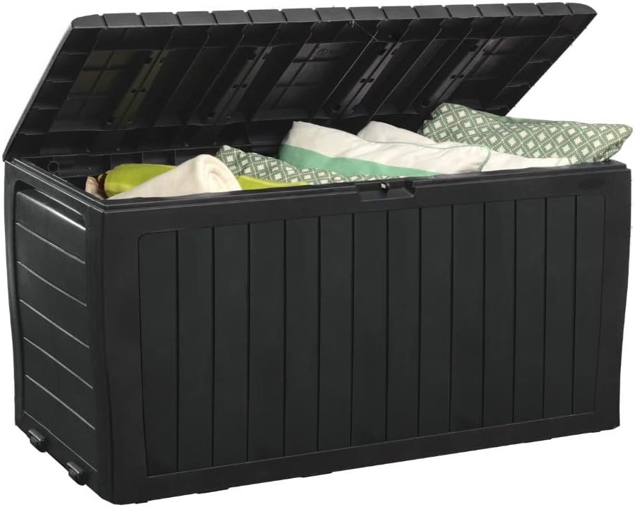 Keter Marvel Plus 71 Gallon Resin Deck Box-Organization and Storage for Patio Furniture Outdoor Cushions, Throw Pillows, Garden Tools and Pool Toys, Dark Grey