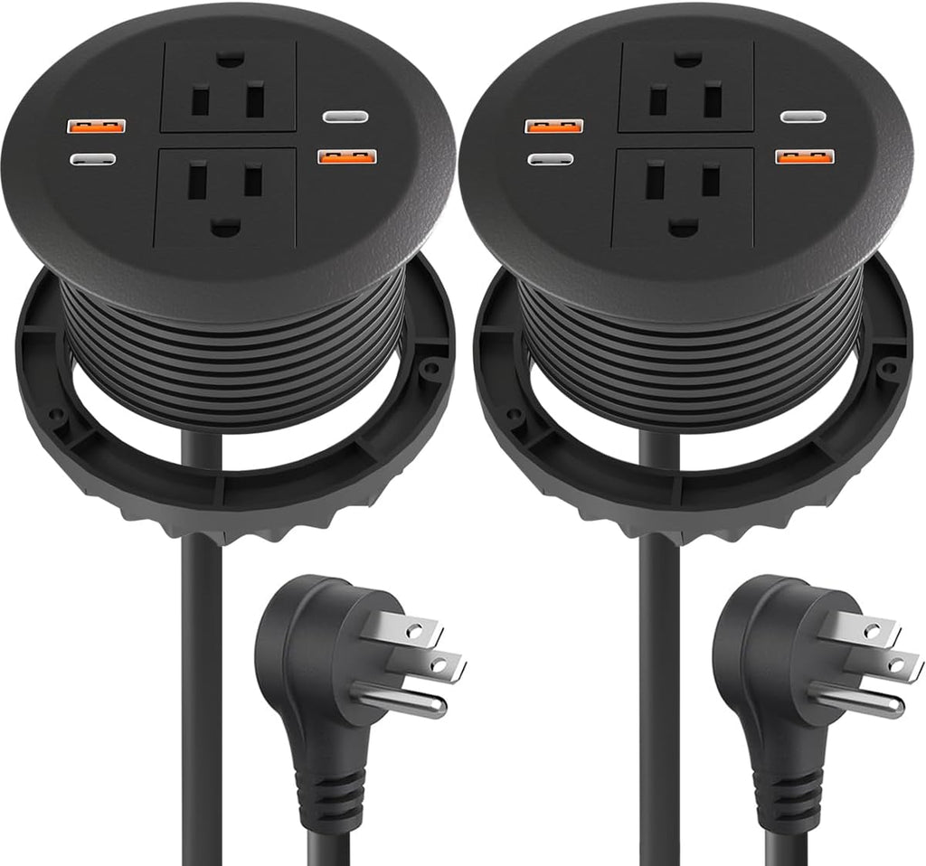 2pcs Desktop Power Grommet,Dual PD20W USB C,40W Total Output,4 USB Ports,Flush Mounted for 3-1/8" Desk Grommet Holes,Round Recessed Outlet,ETL-Certified,Flat Plug,6.4 ft,Black