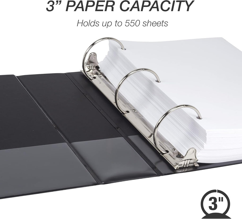 Samsill 3 Inch 3 Ring Binder, Made in USA, Economy Round Ring, Clear View Cover, 550 Sheet Capacity - for School, Home, Office - Charcoal Black