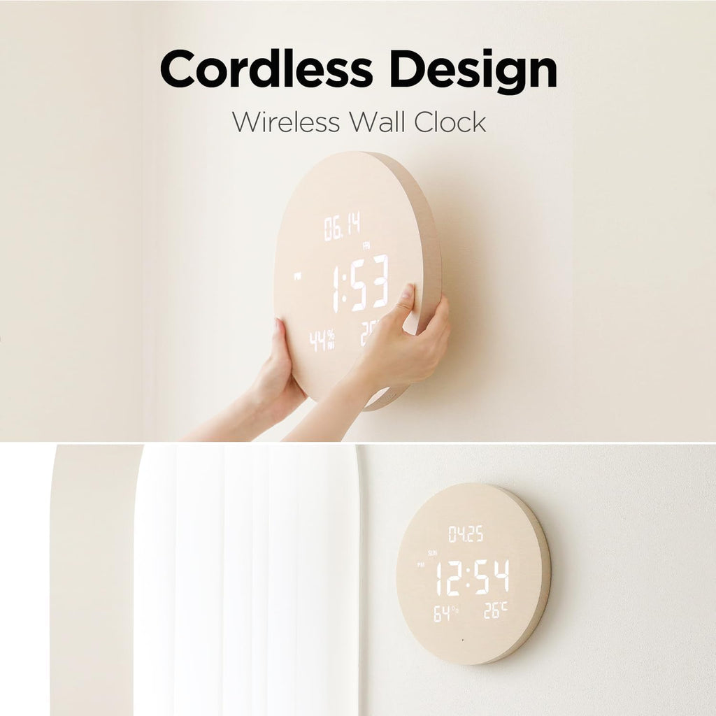 mooas Wood Moon Cordless Digital LED Wall Clock, Time Week Temperature & Humidity, Sound Sensor-Auto Brightness, Modern Décorative LED Clock for Bedroom Livingroom, Wireless Wall Mount/Wooden Stand