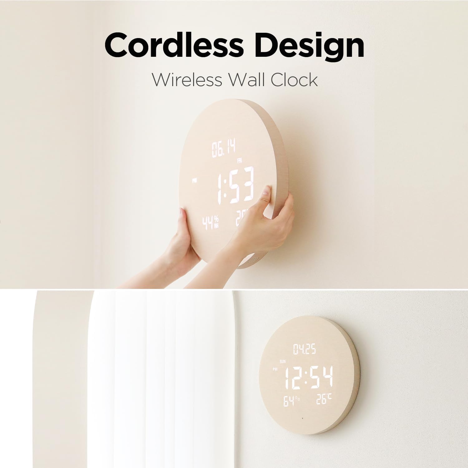 mooas Wood Moon Cordless Digital LED Wall Clock, Time Week Temperature & Humidity, Sound Sensor-Auto Brightness, Modern Décorative LED Clock for Bedroom Livingroom, Wireless Wall Mount/Wooden Stand