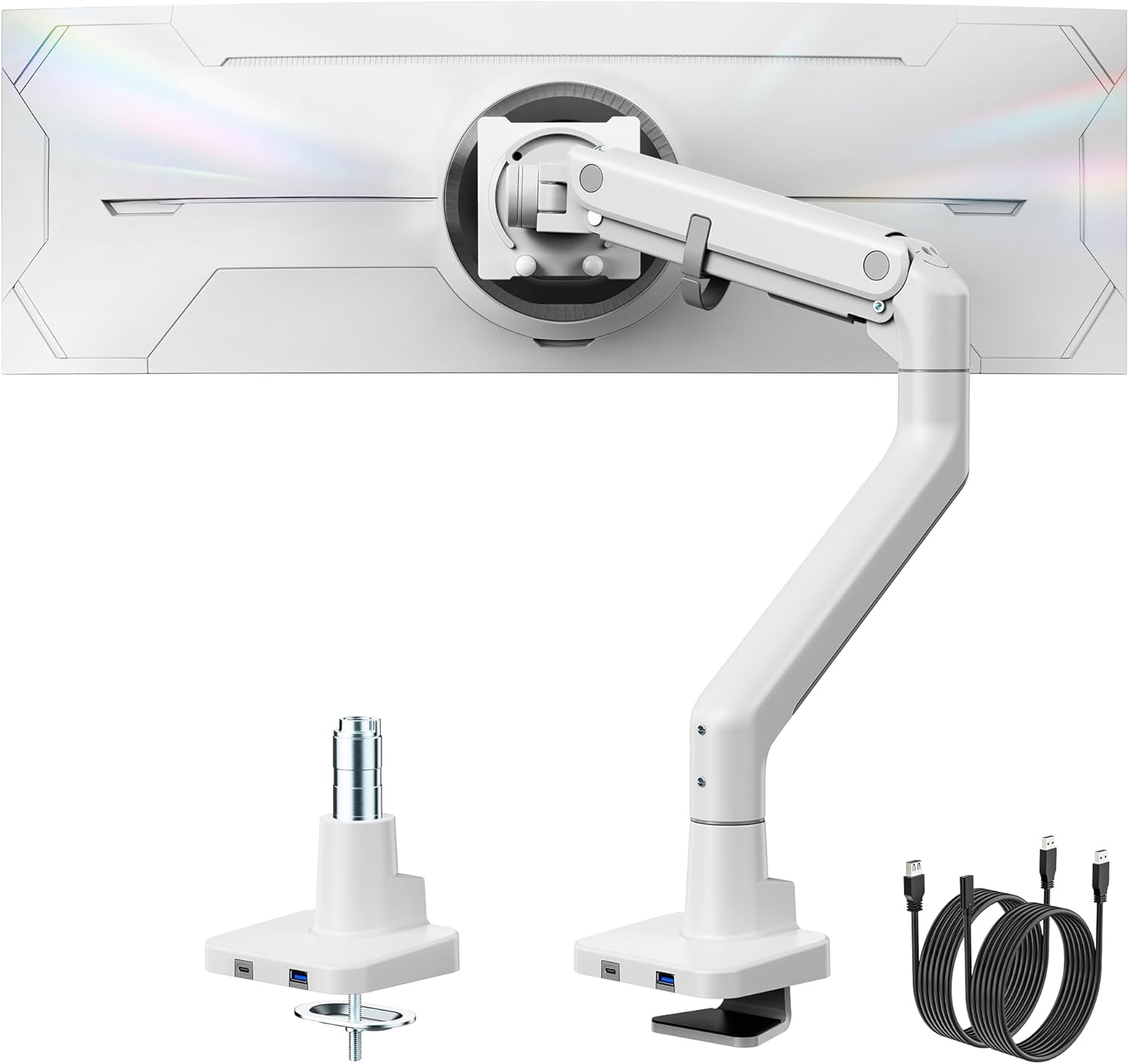 monTEK Single Monitor Arm with USB A/C, Ultrawide Monitor Stand for 17 to 57 Inch Curved Screen, Holds 59.4 lbs, Adjustable Gas Spring Arm, 75/100 VESA Mount, Clamp & Grommet Desk Mount, White