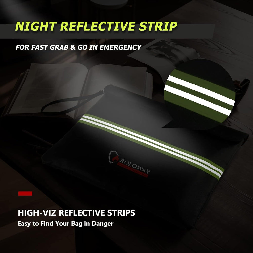 ROLOWAY Fireproof Document Bag (14 x 11 inch) with 5200℉ Upgraded Aluminum Foil Layer, Fireproof Bag for Documents with Reflective Strip and Zipper (Black)