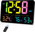 MASHI Digital Clock, 13" Large Display Digital Wall Clock, Adjustable Brightness Calendar Clock with Day and Date,DST,Alarms,Humidity,Temperature for Desk,Wall Mounted (Black Case Color Light)
