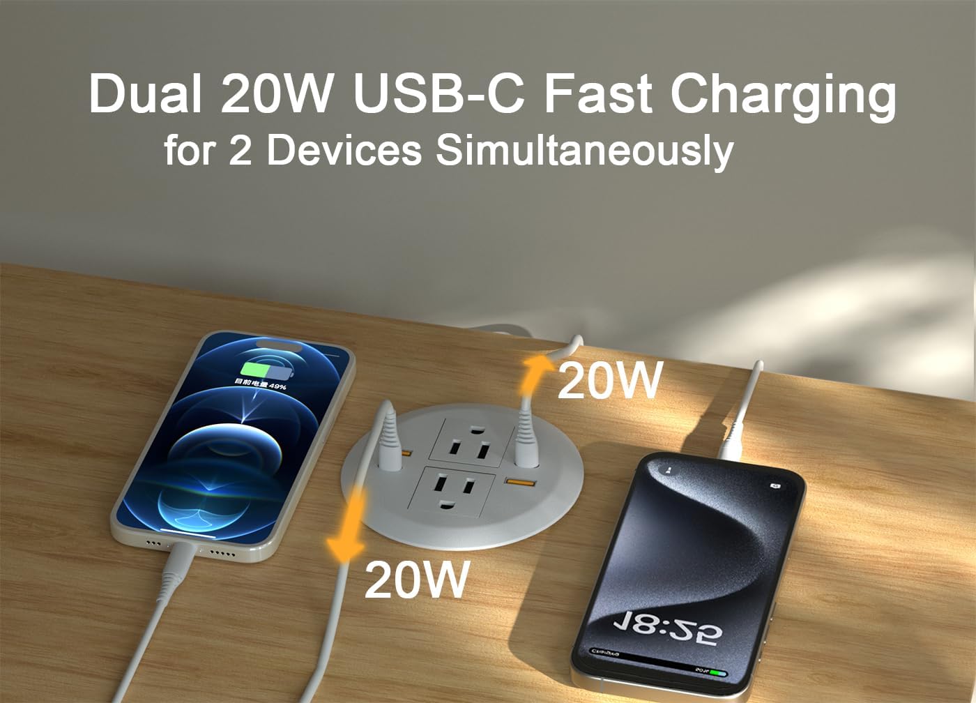 Desktop Power Grommet,Dual PD20W USB C,40W Total Output,4 USB Ports,Flush Mounted for 3-1/8" Desk Grommet Holes,Round Recessed Outlet,ETL-Certified,Flat Plug,6.4 ft,White