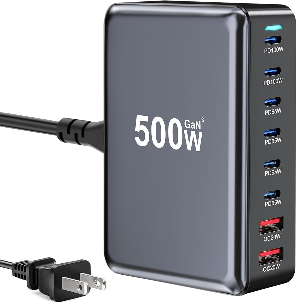 500W USB C Fast Charger Block, 8 Port USB Charging Station, GaN Ⅲ Pro Double 100W PD PPS Port Fast Charging Station for Multiple Devices,Laptop Wall Charger Compatible with MacBook, iPhone 17,iPad etc
