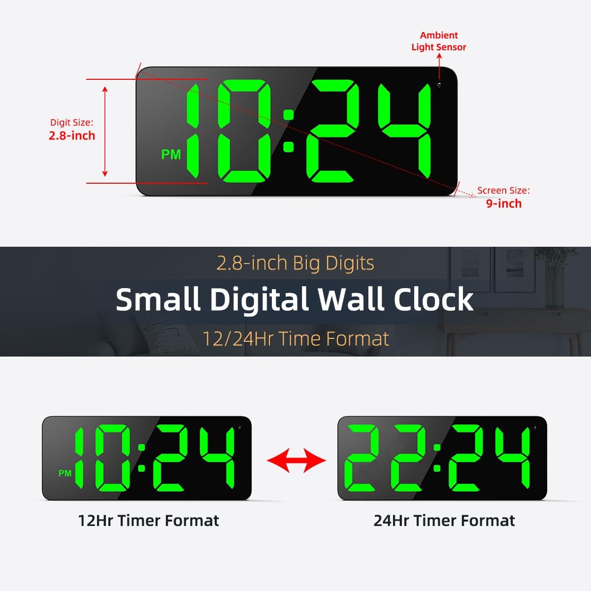 LED Digital Wall Clock with Large Display, Big Digits, Auto-Brightness, 12/24Hr Format, Modern Electric Small Silent Wall Clock for Living Room, Bedroom, Classroom, Farmhouse, Kitchen, Office - Green