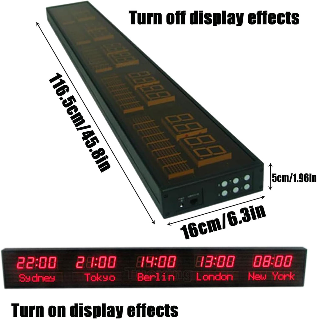 5 City Digital Wall Clock World Time Zone Display, City Can Be Changed, The Brightness Can Be Adjusted in Three Levels, The All-Aluminum Shell, for Hotel