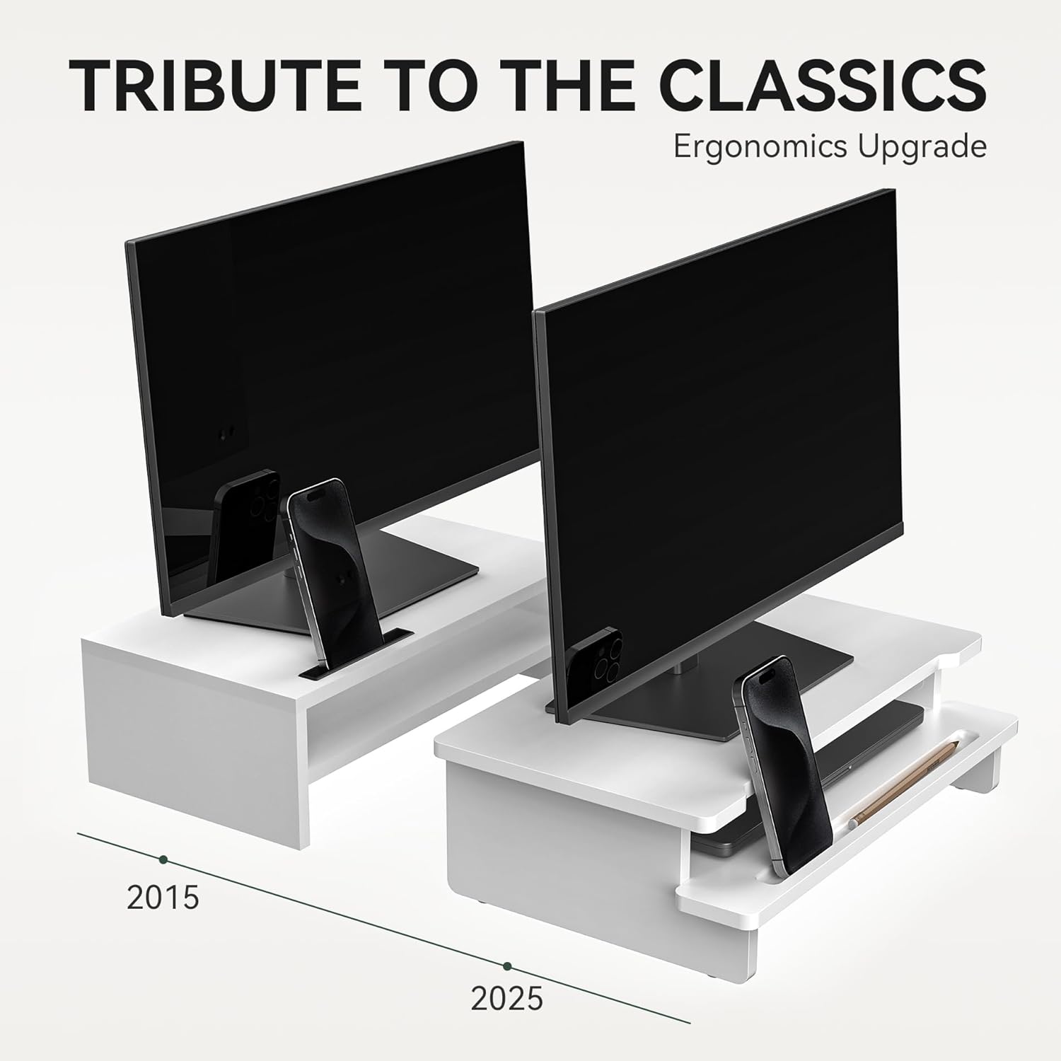 Monitor Stand Monitor Stand Riser for Desk,Wood Desk Shelf Storage Organizer with Phone Tablet Holder (16.5 Inch, White)