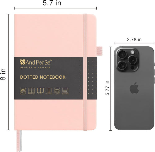 &And Per Se Dotted Journal Notebook, A5 Hardcover Leather Bullet Dotted Journal, 160 Pages 100 gsm Thick Dotted Paper，3 Sheets of Stickers Included - 5.7'' x 8''（Pink）