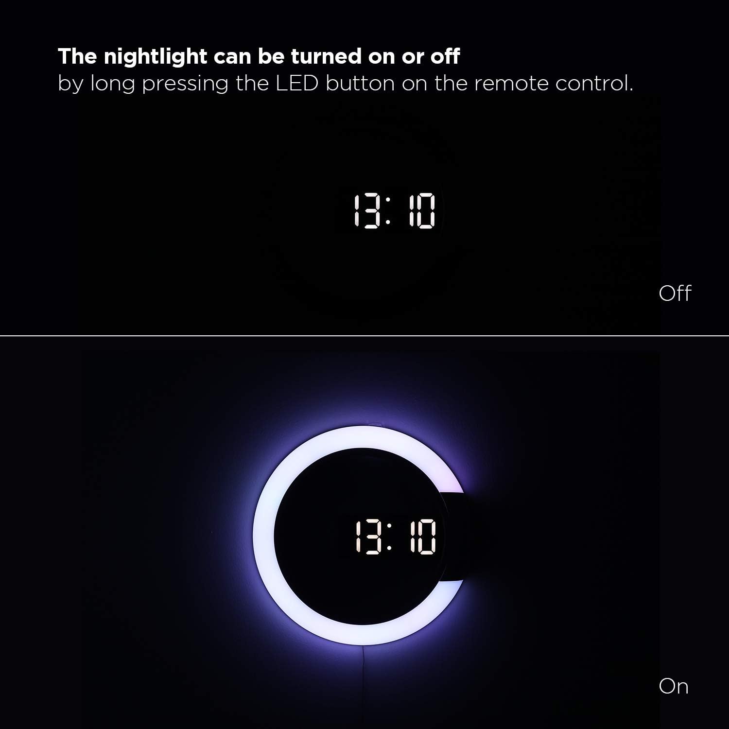mooas Mood Light LED Silent Digital Wall Clock with Remote, Backlit Nightlight, Modern Digital LED Wall Clock Display Alarm Clock Melody 5 Brightness for Bedroom Living Room