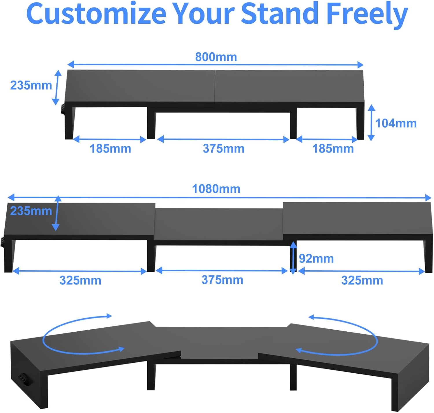 Pholiten Dual Monitor Stand Riser for 2 Monitors，Desktop Monitor Stand with Adjustable Length and Swivel Angles, Extra Long Multifunctional Stand up to 48.2" fit Computer Laptop Printer Max 44 lbs