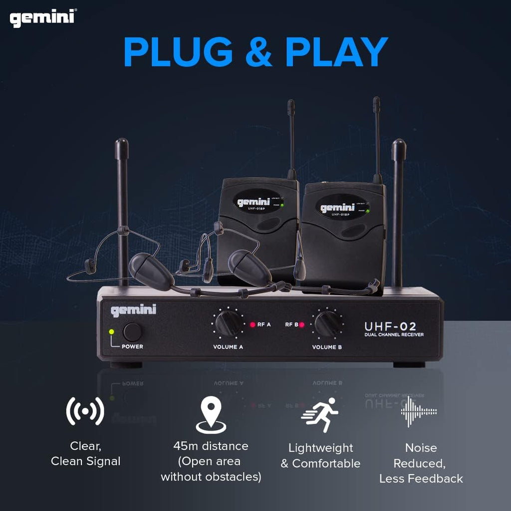 Gemini Sound UHF-02HL-S12 - Dual Channel UHF Wireless Headset & Lapel Mic System, Perfect for Fitness Instructors, Presenters, and Stage Performers
