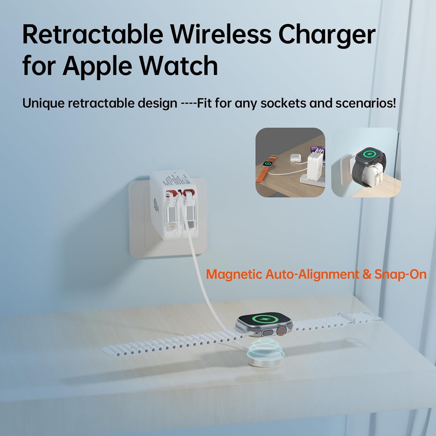 Apple Watch Charger Travel Essentials, 5 in 1 Travel Charging Station for Apple Devices, Retractable Wall Charger with 3*3.2ft Retractable Cables, Fast Charger Block for Apple Gear (White)