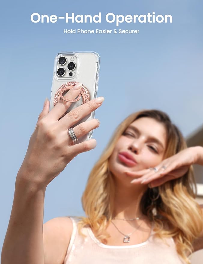 Lamicall Magnetic Twinkle Ring for MagSafe Grip - Stylish Glitter for Mother, Magnet Phone Ring Finger Holder Stand, Upgrade Gear Hinge Mag Safe Accessories for iPhone 16 15 Pro Max, Rose Gold