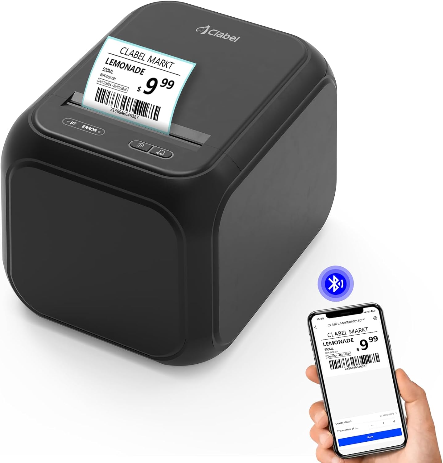 CLABEL Desk Bluetooth Barcode Label Printer: Label Maker with Direct Thermal Printing, 2 Inch Print Width for Barcodes Address Shipping Warehouse with 1 Roll 40x30mm Label (3 Inch Soot)