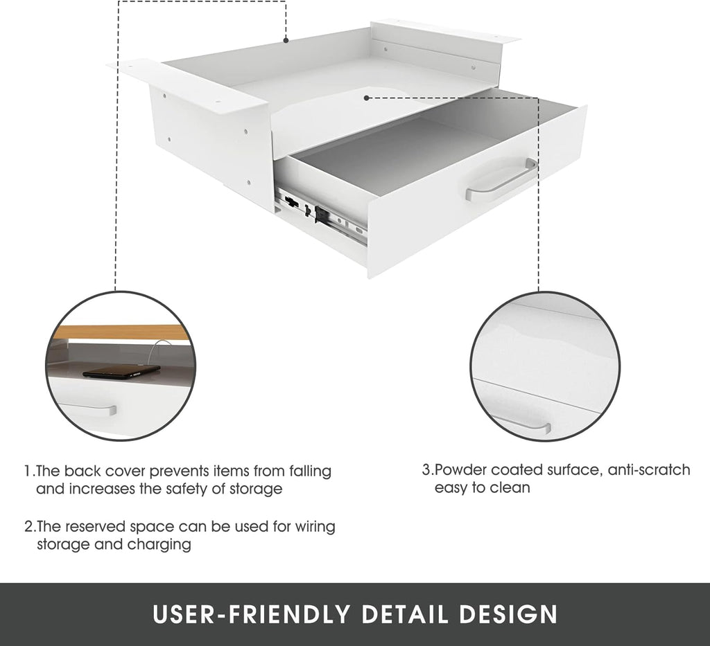 GOME White Under Desk Drawer Storage with Laptop/Book/Folders Shelf, Double Layer Easy Slide-Out Undermount Drawer Organizer with Ball Sliding Track for Home Office Sit-Stand Workstation