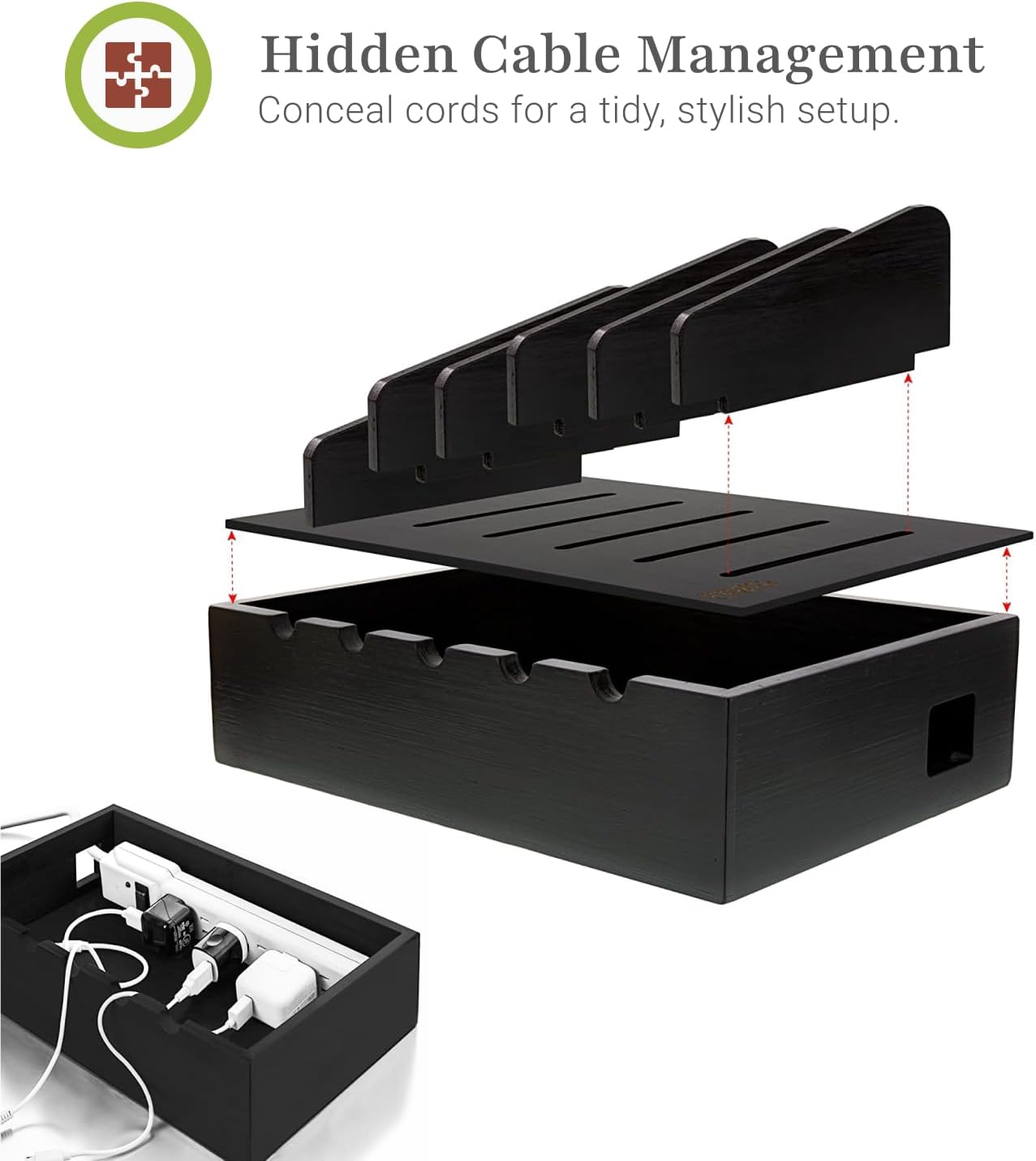 Prosumer's Choice Charging Station for Multiple Devices - 5 Device Charger Organizer for Smartphones and Tablets - Wooden Rack with Removable Dividers - Charging Dock for Work from Home - Black