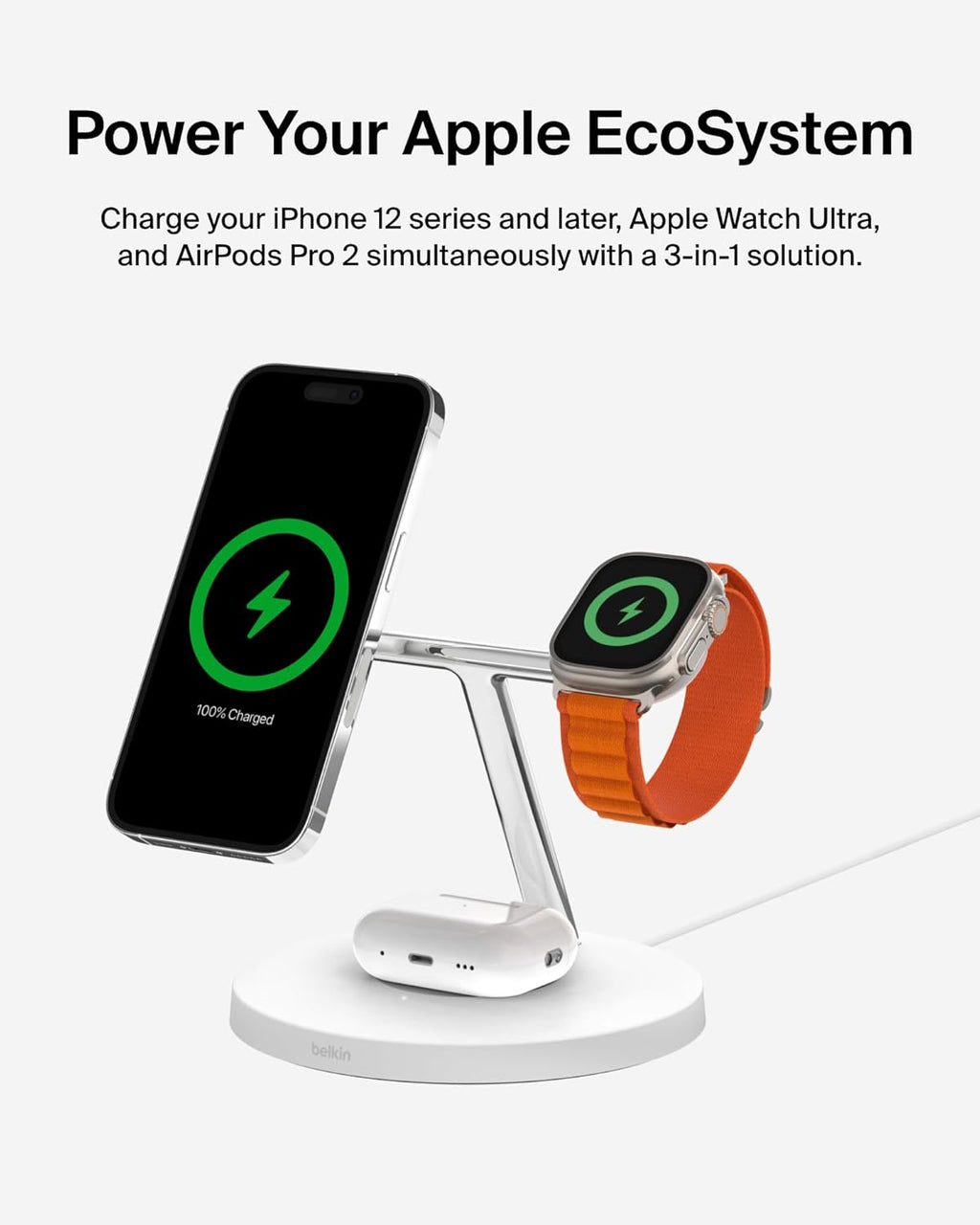 Belkin MagSafe Charger, 3-in-1 Wireless Charging Stand, 2ND GEN, 33% Faster for Apple Watch, iPhone 16, iPhone 15, iPhone 14 Series, AirPods - MagSafe Charging Station for Multiple Devices - White