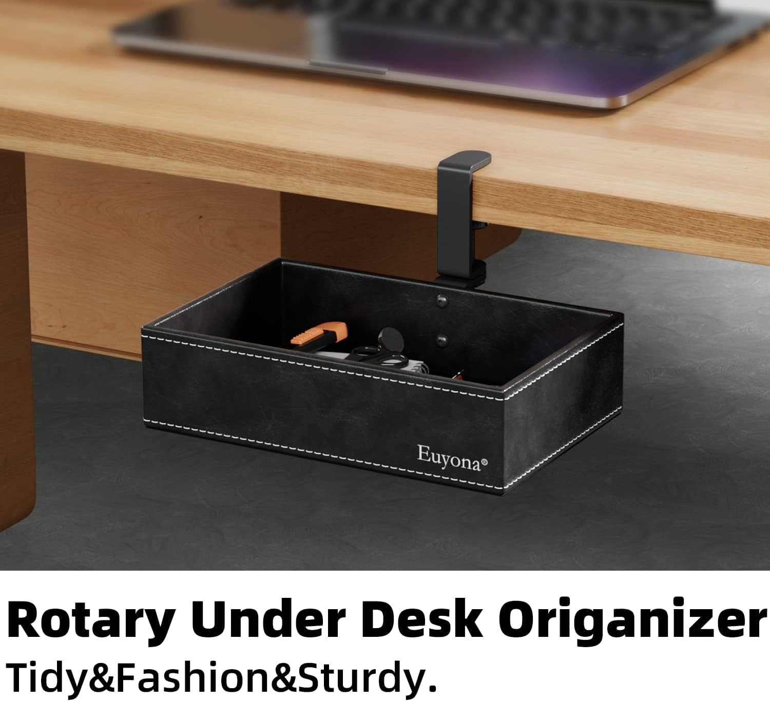 PU Leather Under Desk Organizer with 360° Rotating Clamp – for Computer Accessories, Stationery, Remote Control & Phone Storage, Black