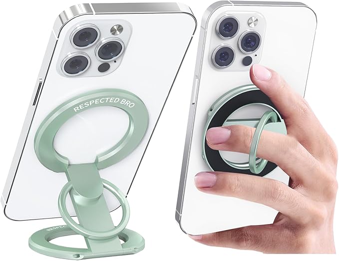 RESPECTED BRO-Magnetic-Phone-Ring-Holder with Dual Rings, Compatible with iPhone 16/15/14/13/12, Multifunctional Stand for Desk,Office,Gym,Kitchen & All Metal Surfaces, Finger Loop Grip (Light Green)
