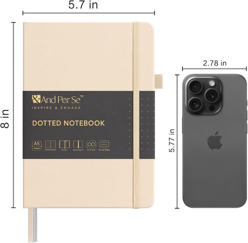 &And Per Se Dotted Journal Notebook (5 Packs), A5 Hardcover Leather Dotted Journal, 160 Pages 100 gsm Thick Paper, 3 Sheets of Stickers Included- 5.7'' x 8'' (Light Apricot