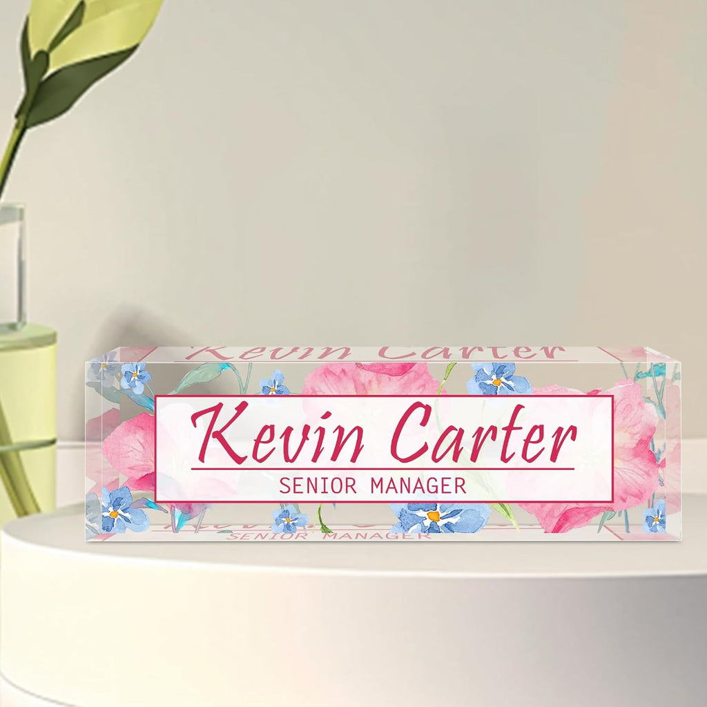 Name Plate for Desk Personalized, Acrylic Desk Decorations, Employee Appreciation Gifts, Custom Office Gifts for Coworkers, Boss, Teacher, Nurse (Pink Floating Flowers)