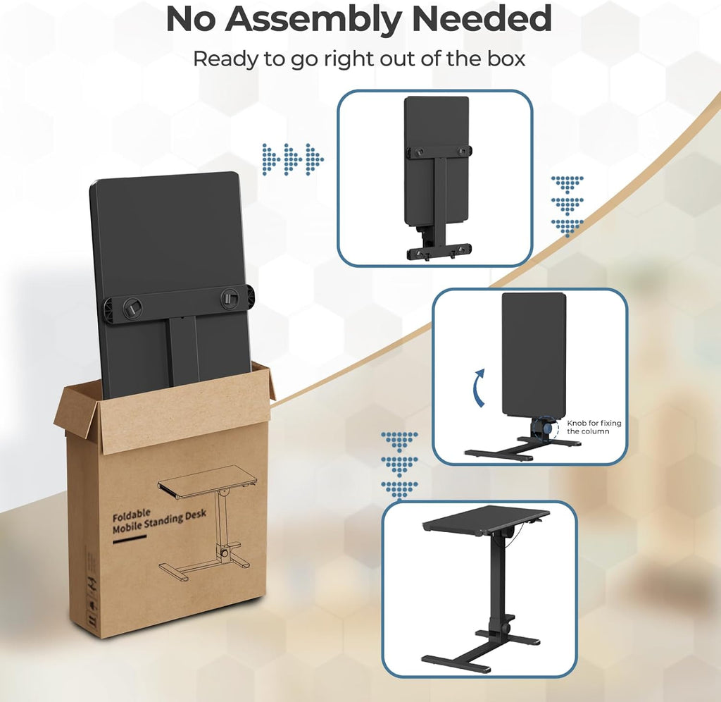 Foldable Mobile Standing Desk, 27 Inch Small Rolling Laptop Cart Height Adjustment, 90° Tiltable Sofaside Table, No Assembly Needed Portable Computer Workstation, Black