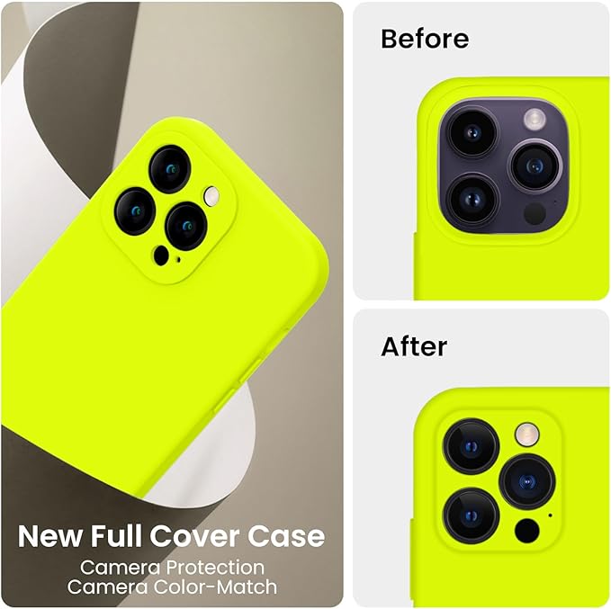 FireNova for iPhone 14 Pro Case, Silicone Upgraded [Camera Protection] Phone Case with [2 Screen Protectors], Soft Anti-Scratch Microfiber Lining Inside, 6.1 inch,Fluorescent Green