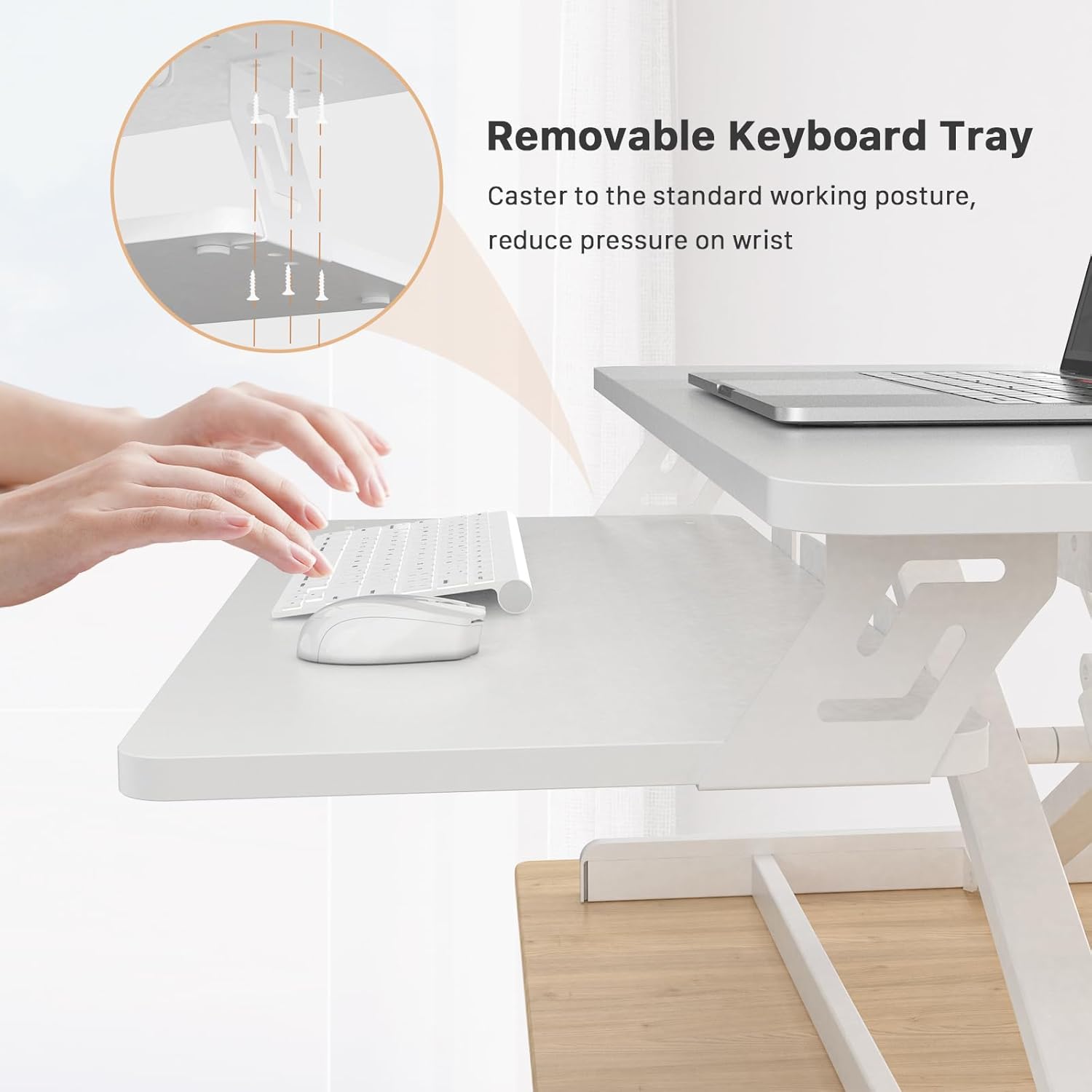 JOY worker Standing Desk Converter, 32" Wide Height Adjustable Sit Stand Up Desk Riser with Keyboard Tray, Desktop Workstation Riser for Home Office Computer Laptop, Particle Board, White