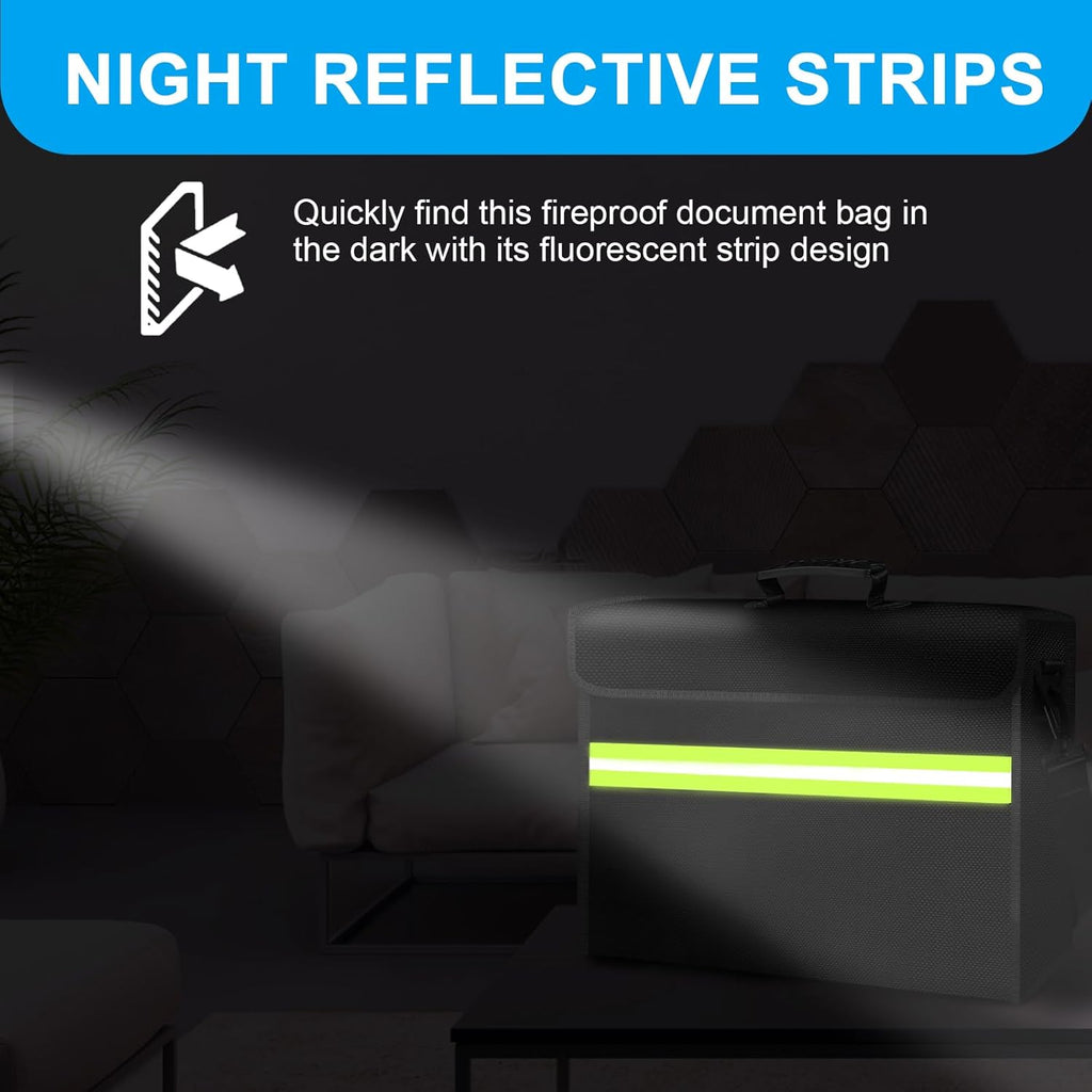 Large Fireproof Money Bags with Lock-6500°F Fireproof Document Box,10 Layers Insulation Materials&Waterproof Zipper,Removable Folder Layers/Wallet,Reflective Strip for Valuables(16.5”x 12.4”x 5.5”)