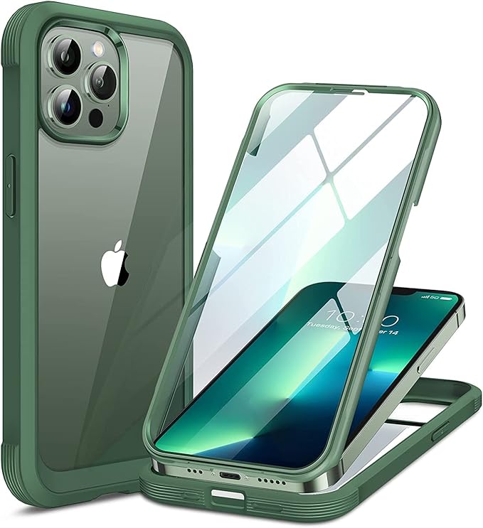 Miracase Glass Case for iPhone 13 Pro Max 6.7 inch, Upgrade Full-Body Clear Phone Bumper Case Cover with Built-in 9H Tempered Glass Screen Protector, Acacia Green